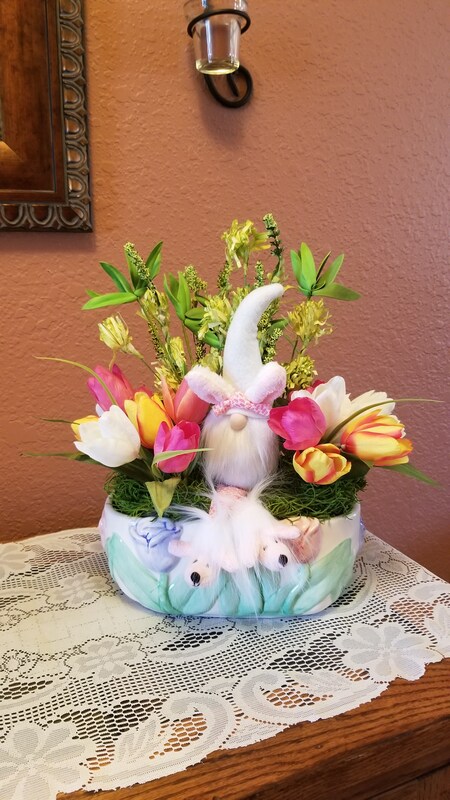 Easter table centerpiece with bunny gnome, Easter dining table decor, spring flower arrangement in tulip ceramic vase, bunny gnome decor